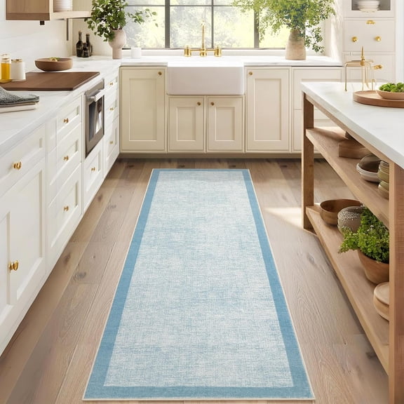 Funslane Modern Geometric Runner Rug 2' x 6', Washable Carpet, Ultra Thin Soft Non-Slip Rug for Kitchen Bedroom Entryway, Light Blue