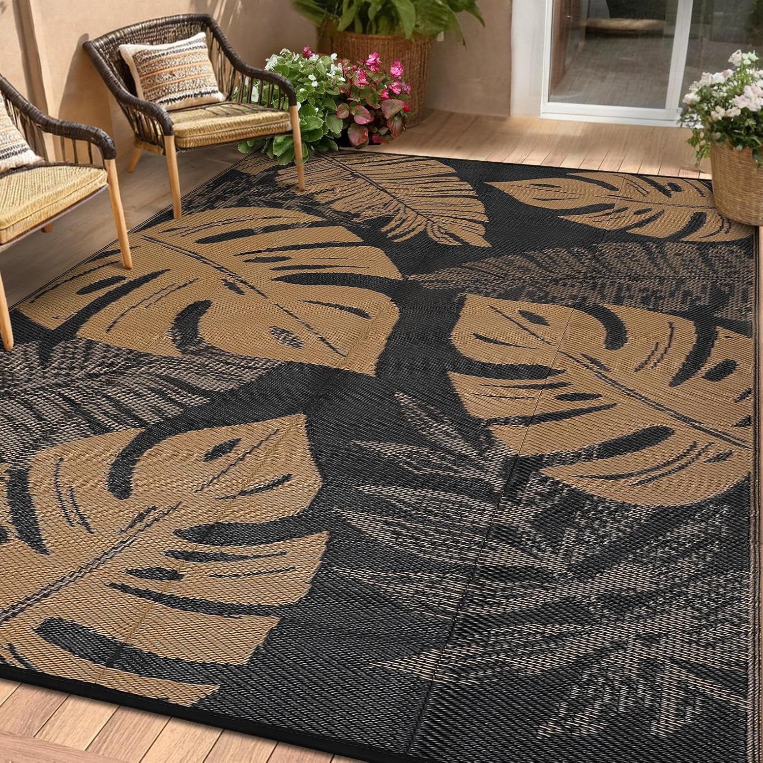 Funslane Outdoor Rug 10' x 14', Waterproof Plastic Straw Mat, Foldable & Reversible, Indoor Outdoor Rugs for Patio, Deck, RV, Beach, Picnic, Black/Brown