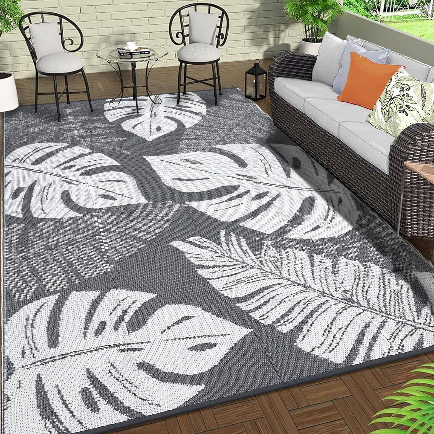Funslane Outdoor Rug 10' x 14', Waterproof Plastic Straw Mat, Foldable & Reversible, Indoor Outdoor Rugs for Patio, Deck, RV, Beach, Picnic, Gray/White
