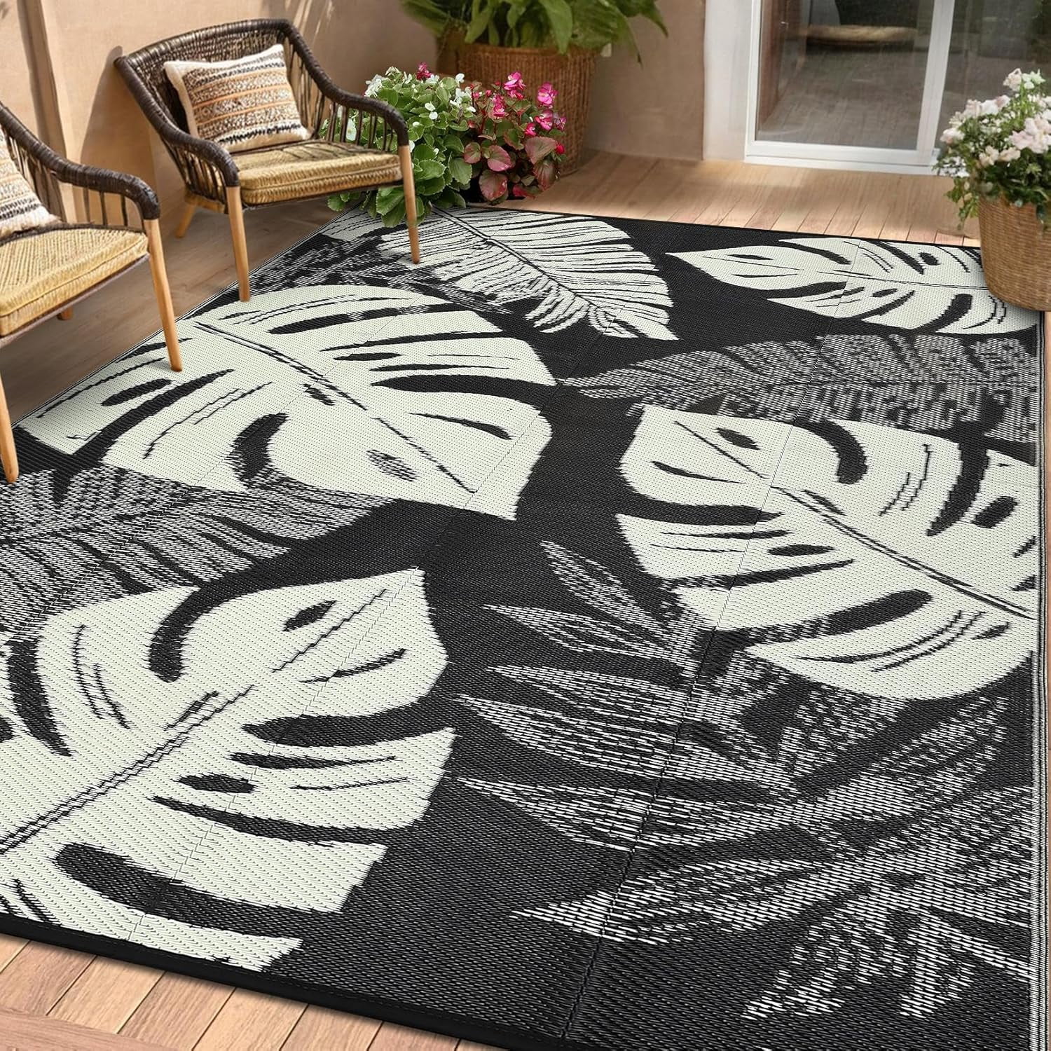 Funslane Outdoor Rug 8' x 10', Waterproof Plastic Straw Mat, Foldable & Reversible, Indoor Outdoor Rugs for Patio, Deck, RV, Beach, Picnic, Black/Beige