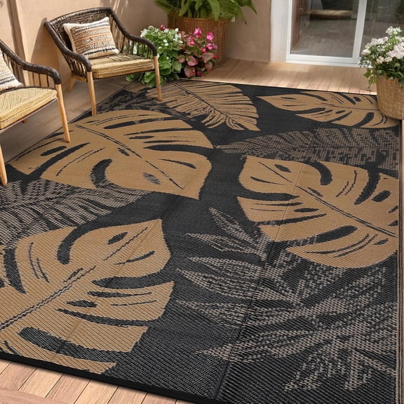 Funslane Outdoor Rug 8' x 10', Waterproof Plastic Straw Mat, Foldable & Reversible, Indoor Outdoor Rugs for Patio, Deck, RV, Beach, Picnic, Black/Brown