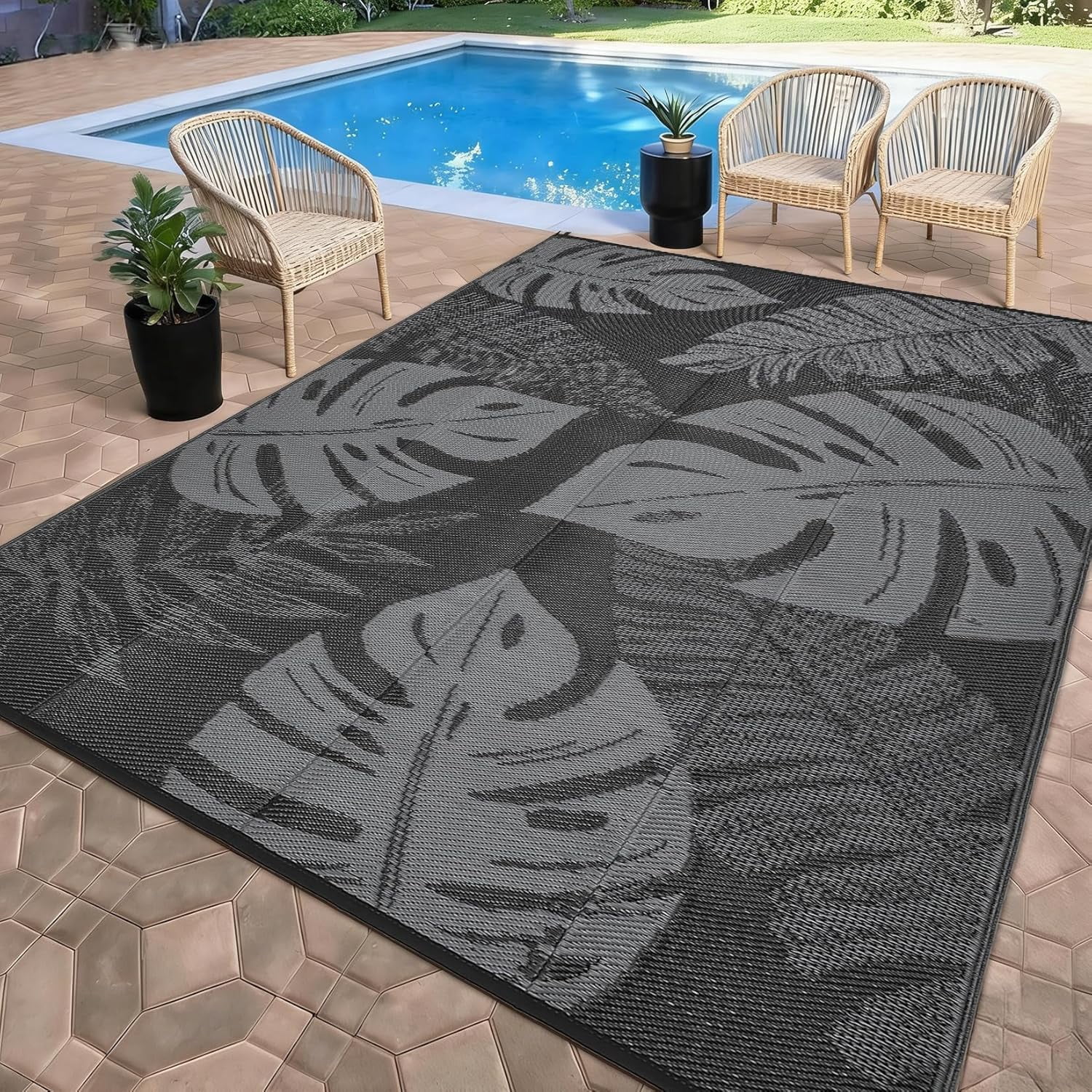 Funslane Outdoor Rug 8' x 10', Waterproof Plastic Straw Mat, Foldable & Reversible, Indoor Outdoor Rugs for Patio, Deck, RV, Beach, Picnic, Black/Gray