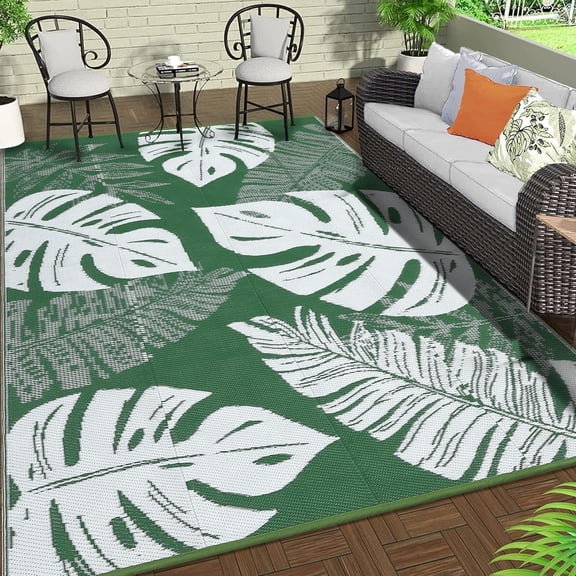 Funslane Outdoor Rug 8' x 10', Waterproof Plastic Straw Mat, Foldable & Reversible, Indoor Outdoor Rugs for Patio, Deck, RV, Beach, Picnic, Green/White