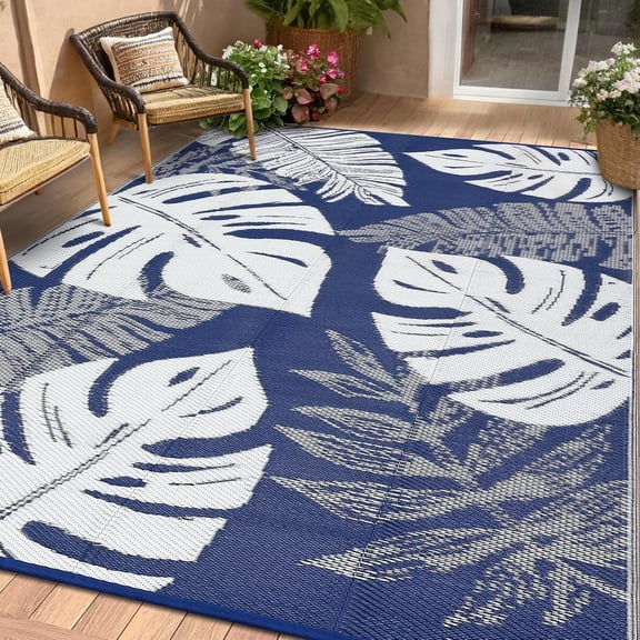 Funslane Outdoor Rug 8' x 10', Waterproof Plastic Straw Mat, Foldable & Reversible, Indoor Outdoor Rugs for Patio, Deck, RV, Beach, Picnic, Navy/White