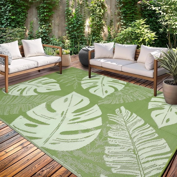 Funslane Outdoor Rug 9' x 18', Waterproof Plastic Straw Mat, Foldable & Reversible, Indoor Outdoor Rugs for Patio, Deck, RV, Beach, Picnic, Green