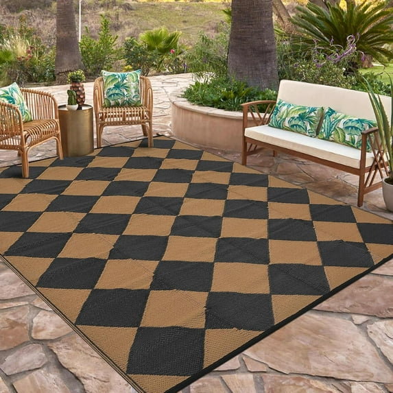 Funslane Outdoor Rug 9'x12' Waterproof, Reversible Lightweight Plastic Outside Carpet for Deck Balcony Porch Decor, Black and Brown