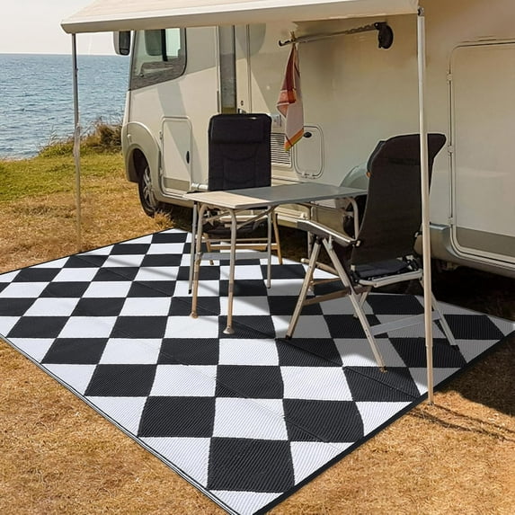 Funslane Outdoor Rug 9'x12' Waterproof, Reversible Lightweight Plastic Outside Carpet for Deck Balcony Porch Decor, Black and White