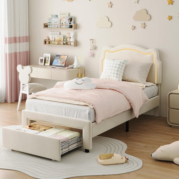 Funslane Twin Bed Frame with LED Light, Velvet Princess Platform Bed with Adjustable Headboard, Easy Assembly, No Box Spring Needed, Beige(W/ Drawer)