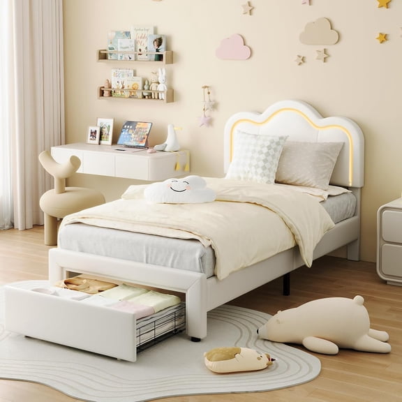 Funslane Twin Upholstered LED Bed Frame with Headboard, Princess Platform Bed Frame, Wooden Slats Support, No Box Spring Needed, Beige(W/ Drawer)