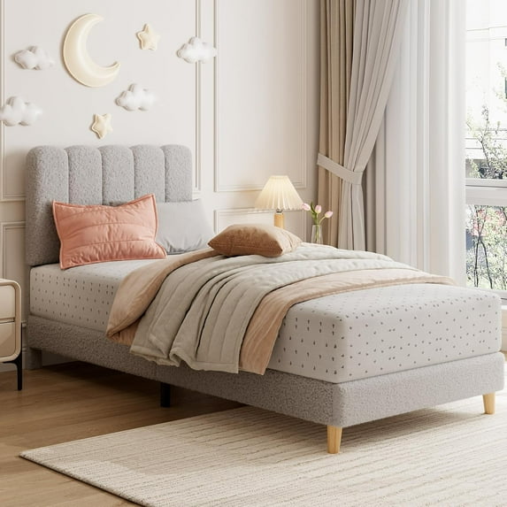 Funslane Twin XL Bed Frame, Boucle Upholstered Platform Bed with Headboard, Easy Assembly, No Box Spring Needed, Light Gray