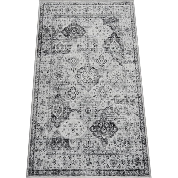 Memoryfield Vintage Floral Runner Rug 2' x 6', Washable, Non-Slip Floor Carpet with Distressed Retro Accent for Kitchen, Hallway, Entryway, Gray