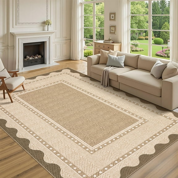 Memoryfield Washable Area Rug 8' x 10', Modern Border Neutral Low-Pile Non-Slip Soft Floor Carpet, for Living Room Bedroom Kids Room Nursery, Linen