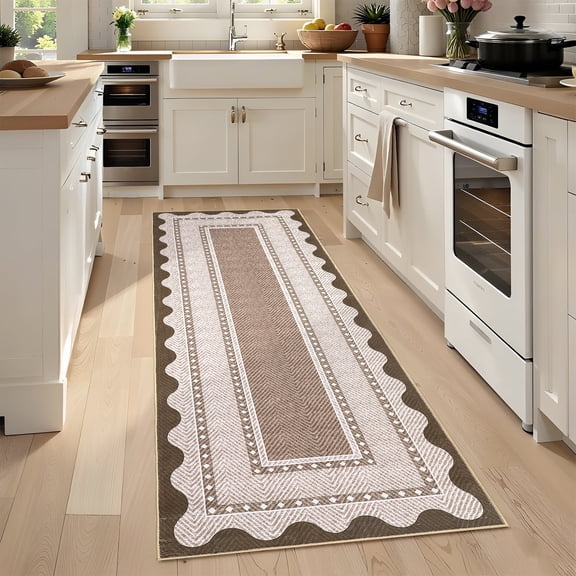 Memoryfield Washable Runner Rug 2' x 6', Modern Border Neutral Low-Pile Non-Slip Soft Floor Carpet, for Kitchen Bedroom Entryway Hallway, Brown