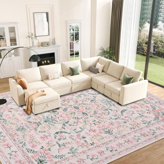 Memoryfield Washable Vintage Area Rug 10' x 13', Soft Low Pile Indoor Non Shedding Floor Covering, Foldable Floor Mat, Pink