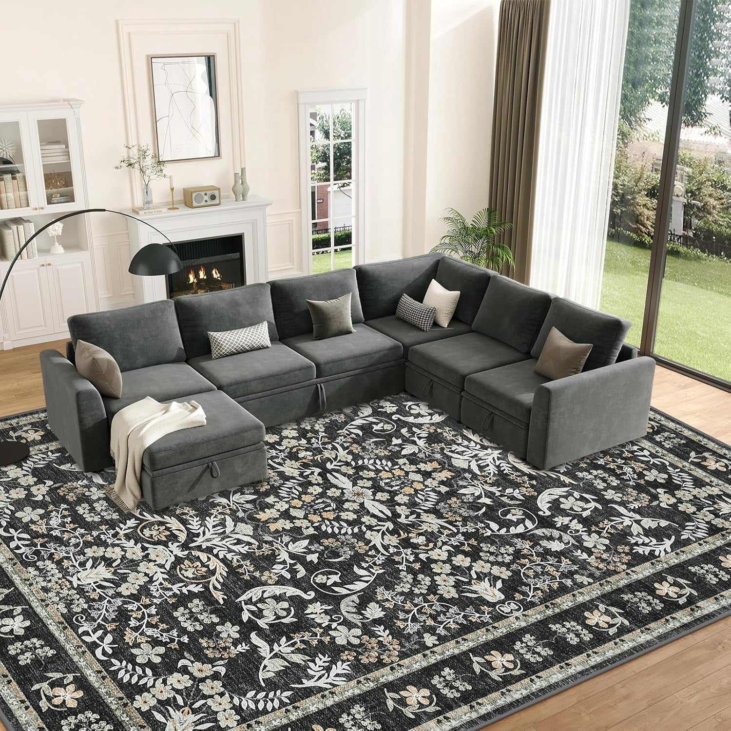 Memoryfield Washable Vintage Area Rug 8' x 10', Soft Low Pile Indoor Non Shedding Floor Covering, Foldable Floor Mat, Black