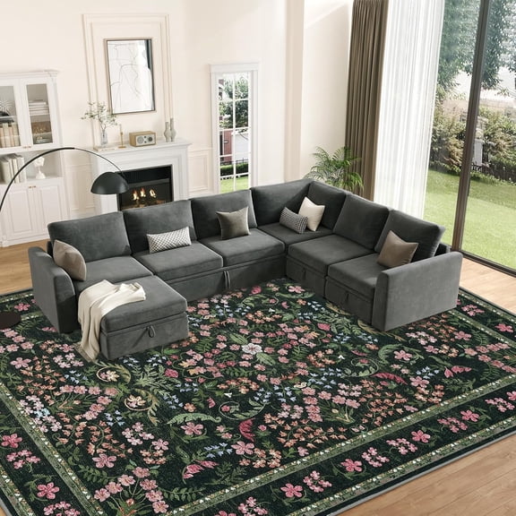 Memoryfield Washable Vintage Area Rug 9' x 12', Soft Low Pile Indoor Non Shedding Floor Covering, Foldable Floor Mat, Green