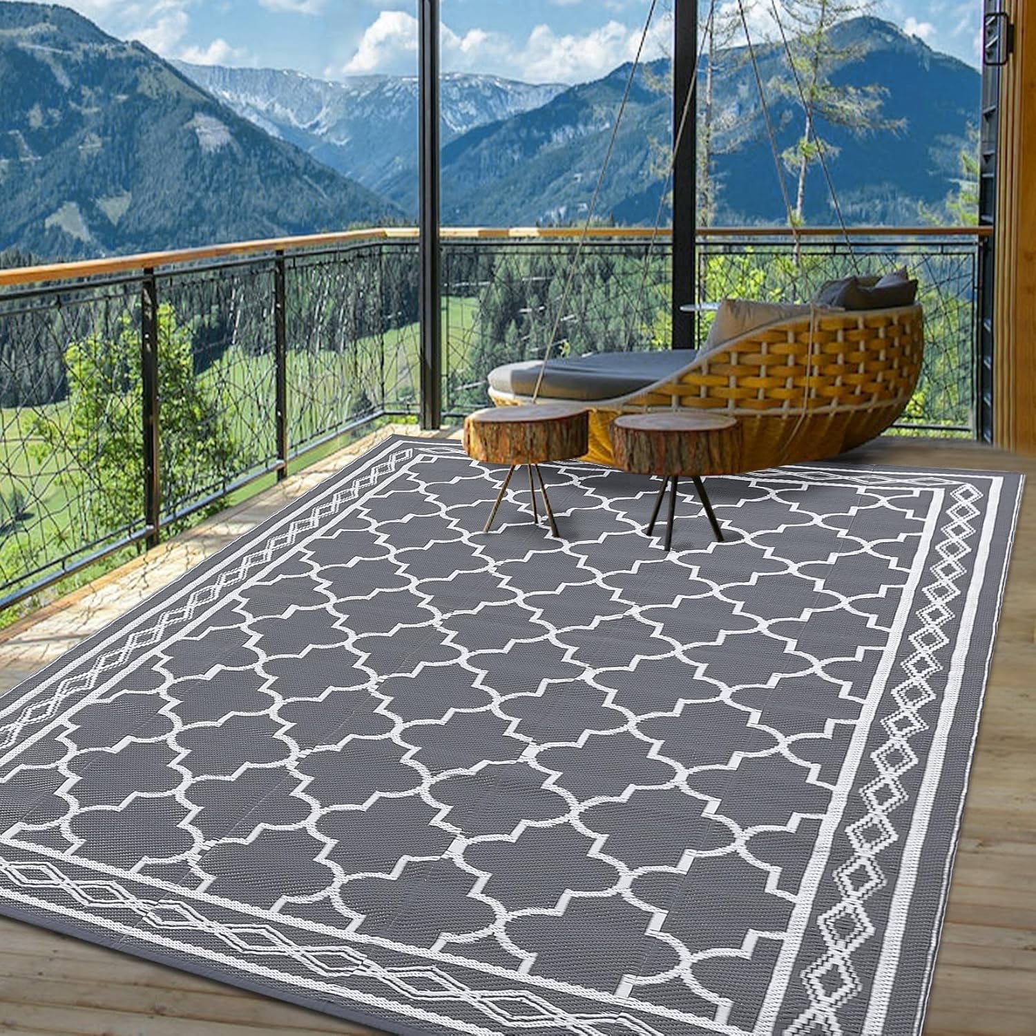 Memoryfield Outdoor Rug 10x14ft for Patios, Plastic Straw Rug Outside Carpet Mats for Picnic, Backyard, Deck, Balcony, Porch, Beach, Gray & White