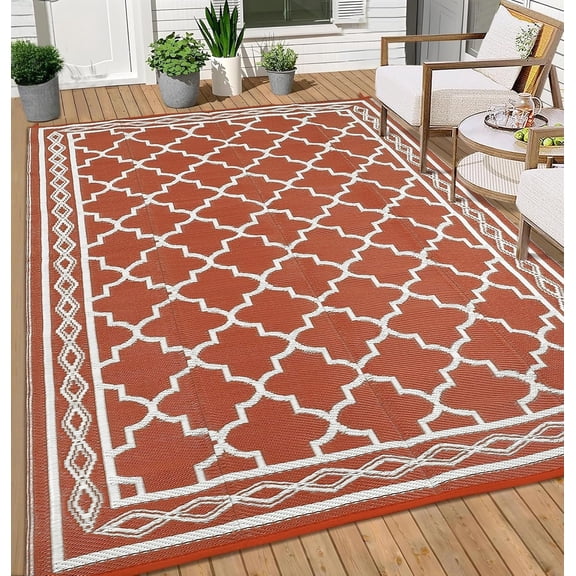 Memoryfield Waterproof Outdoor Rug 10x14ft for Patios, Plastic Straw Rug Outside Carpet Mats for Picnic, Backyard, Deck, Balcony, Porch, Beach, Red & White