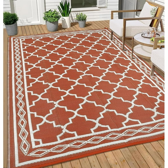Funslane Waterproof Outdoor Rug 10x14ft for Patios, Plastic Straw Rug Outside Carpet Mats for Picnic, Backyard, Deck, Balcony, Porch, Beach, Red & White