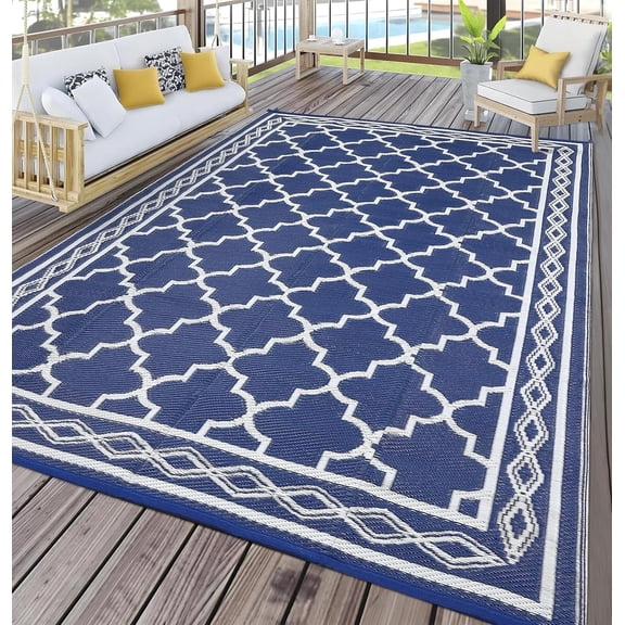 Memoryfield Waterproof Outdoor Rug 6x9ft for Patios, Plastic Straw Rug Outside Carpet Mats for Picnic, Backyard, Deck, Balcony, Porch, Beach, Dark Blue & White