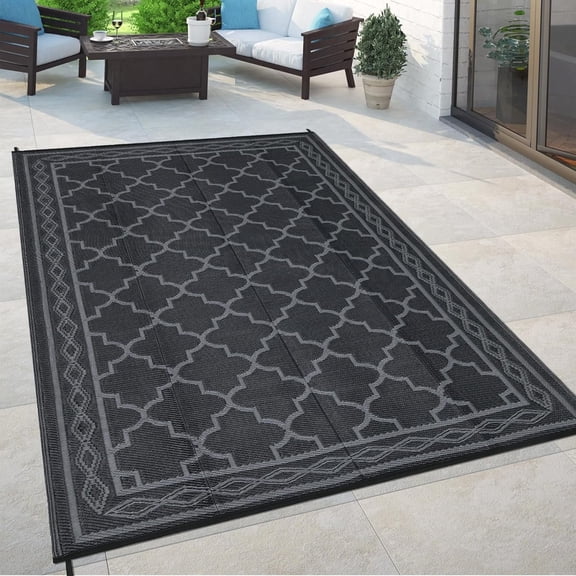 Memoryfield Waterproof Outdoor Rug 8x10ft for Patios, Plastic Straw Rug Outside Carpet Mats for Picnic, Backyard, Deck, Balcony, Porch, Beach, Black & Gray