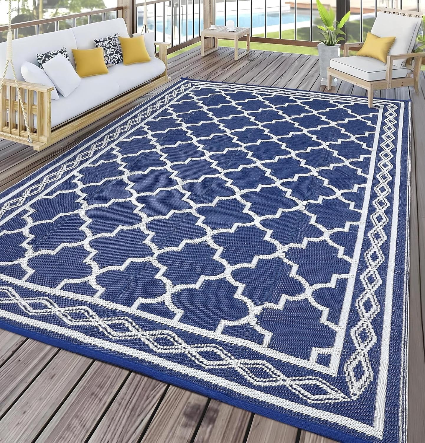 Memoryfield Waterproof Outdoor Rug 8x10ft for Patios, Plastic Straw Rug Outside Carpet Mats for Picnic, Backyard, Deck, Balcony, Porch, Beach, Dark Blue & White