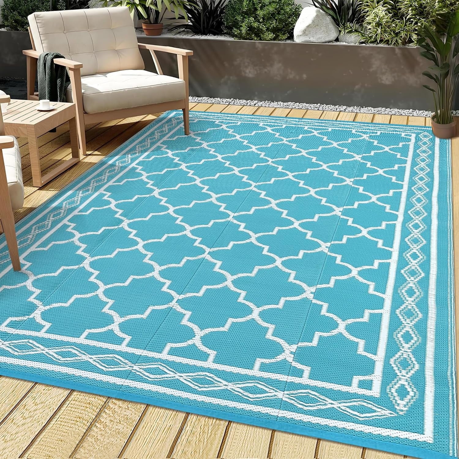 Memoryfield Waterproof Outdoor Rug 9x18ft for Patios, Plastic Straw Rug Outside Carpet Mats for Picnic, Backyard, Deck, Balcony, Porch, Beach, Light Blue & White