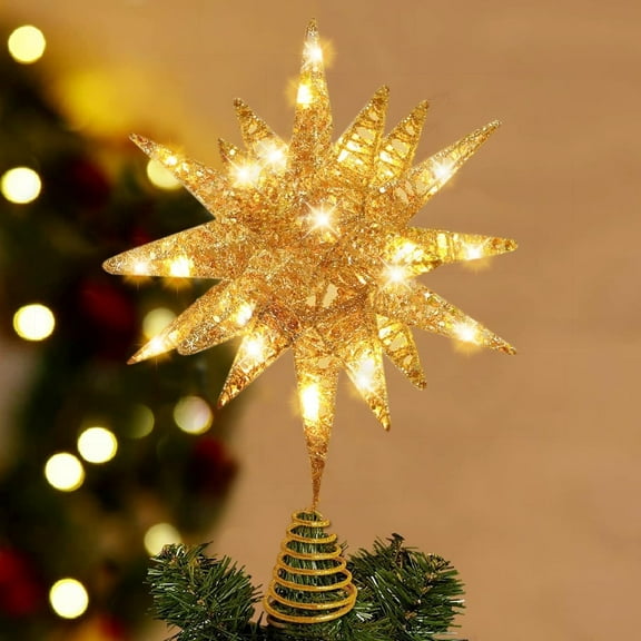 11" Christmas Tree Topper Star 3D Hollow Metal Christmas Treetop Battery Operated with Light for Christmas Home Decoration Gold