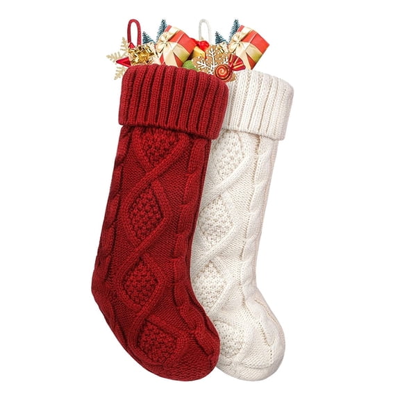 Funsmile Christmas Stockings Large Knitted Stocking Ivory White Burgundy Solid Color 18'' 2 Pack for Family Xmas Holiday Party Decoration