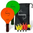thumbnail image 1 of Funsparks - Jazzminton Paddle Ball Game with Carry Bag - Indoor Outdoor Toy - Play at The Beach, Lawn or Backyard - 2 Wooden Racquets - 4 Shuttlecocks - 1 Ball, 1 of 11