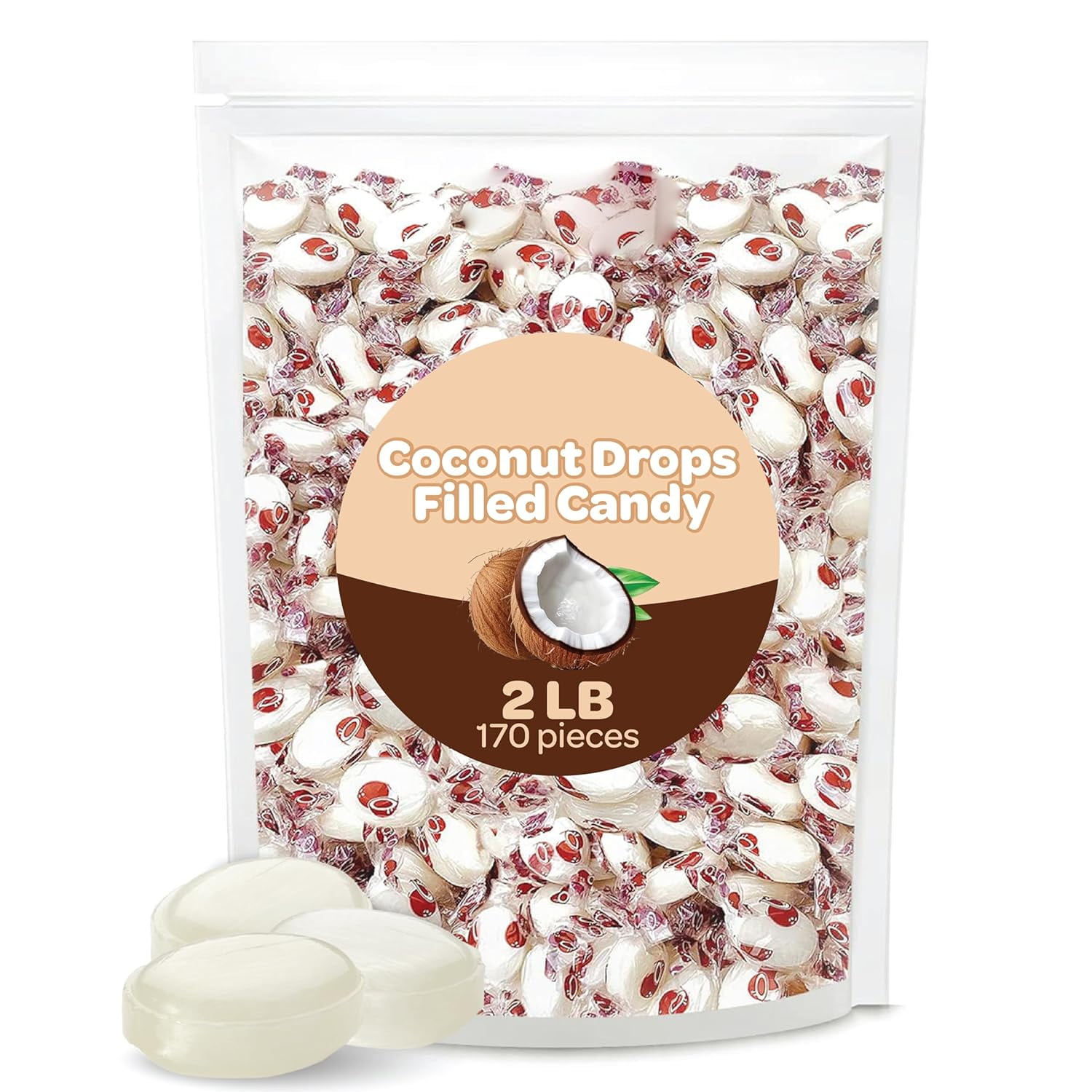 Funtasty Coconut Drops Filled Hard Candy, Individually Wrapped, Bulk Pack 2 Pound Bag