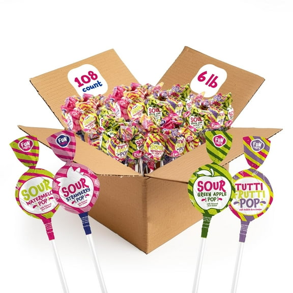 Funtasty Gum-Filled Lollipops, Assorted Fruit Flavors Sour Pops Candy - Green Apple, Strawberry, Watermelon, Tutti-Frutti, 6 Pound-Box (About 105 Count)