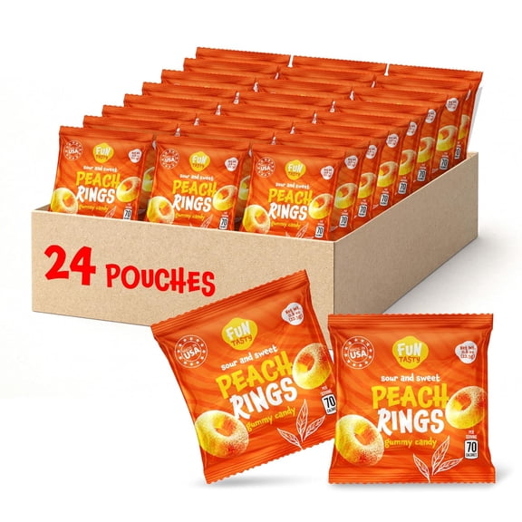 Funtasty Peach Rings - 24 Packs - Peach Gummy Candies Individually Wrapped - Sweet and Sour Candy