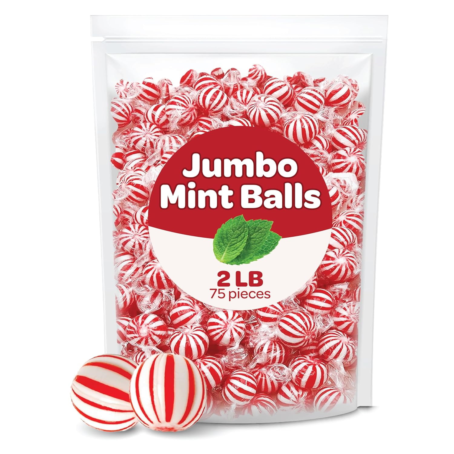 Funtasty Peppermint Jumbo Mint Balls Classic Hard Candy, Bulk 2 Pounds