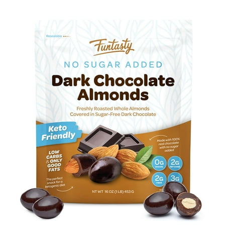 Funtasty Sugar Free Dark Chocolate Covered Almonds, Keto Friendly, 1 Pound Pack