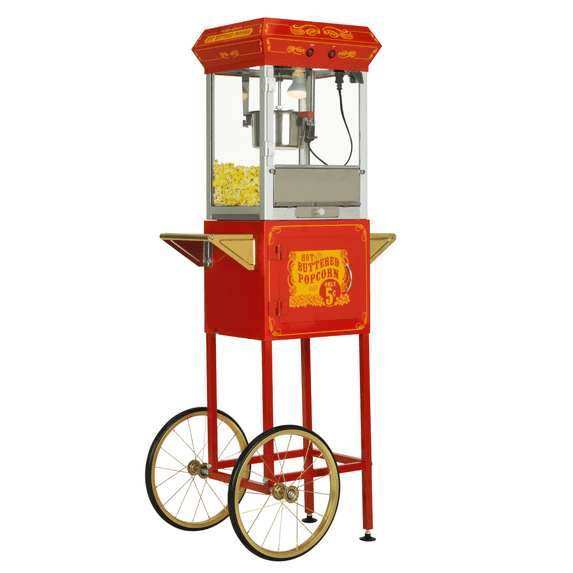 Funtime 4 oz Full-Size Hot Oil Popcorn Maker Machine with Cart, Red and Gold