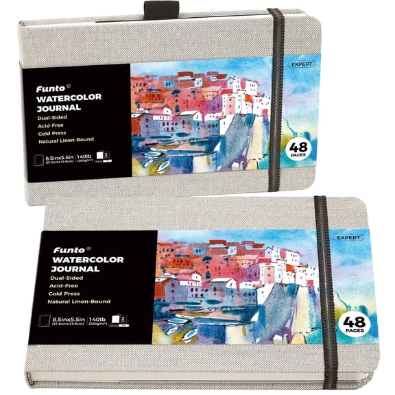 Funto Classic Hardcover Watercolor Journal, 8.5x5.5(2-Pack)-140lb Cold Press Paper, Lay-Flat Binding,Inner Pocket, for Adults & Artists