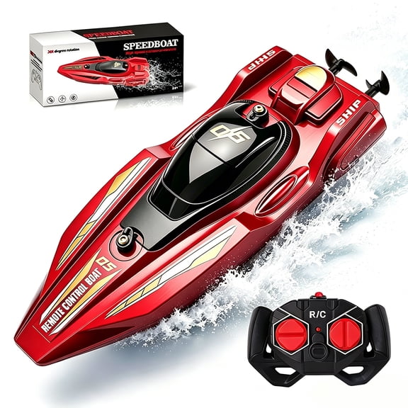 Funtogether High Speed Remote Control Boat for Pools and Lakes, 2.4GHz Waterproof RC Speedboat with Dual Motors, Red