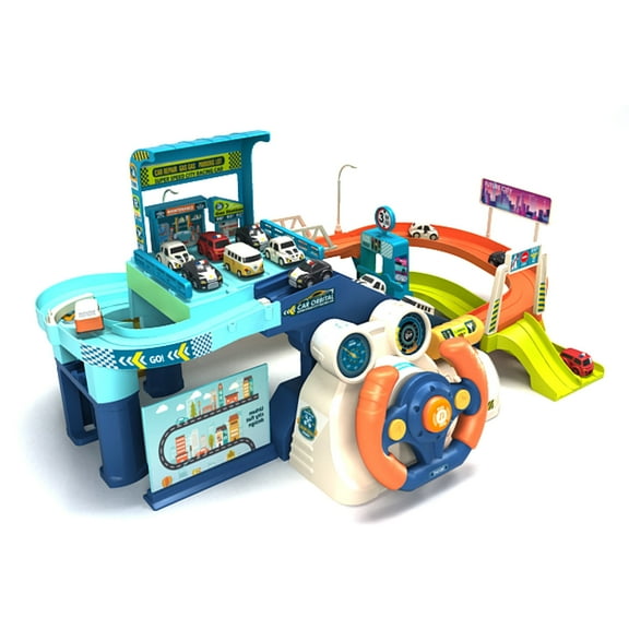 Car Parking Garage Toy, Funtogether Toys Electric Playset with Automatic Elevator, Interactive Steering Wheel, Music & Collectible Cars