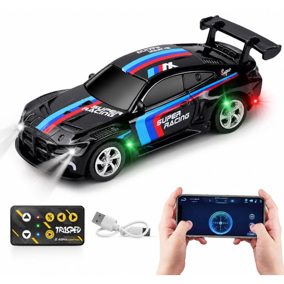 Funtogether Toys 1/64 Mini RC Car with 2.4GHz Remote & App Control, 3 Speed Modes Rechargeable Alloy Desktop Drift Racing Toy for Kids and Adults