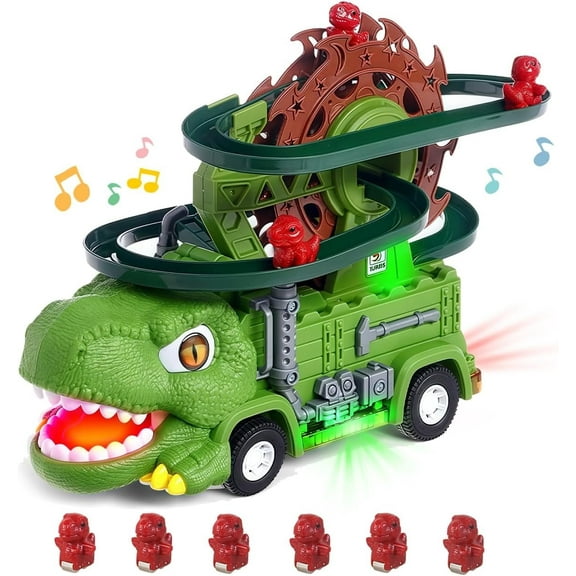 Dinosaur Car Track, Funtogether Toys 2-in-1 Dino Track Playset with Car Slide, Dino Truck with Lights, Music & Ferris Wheel for Kids