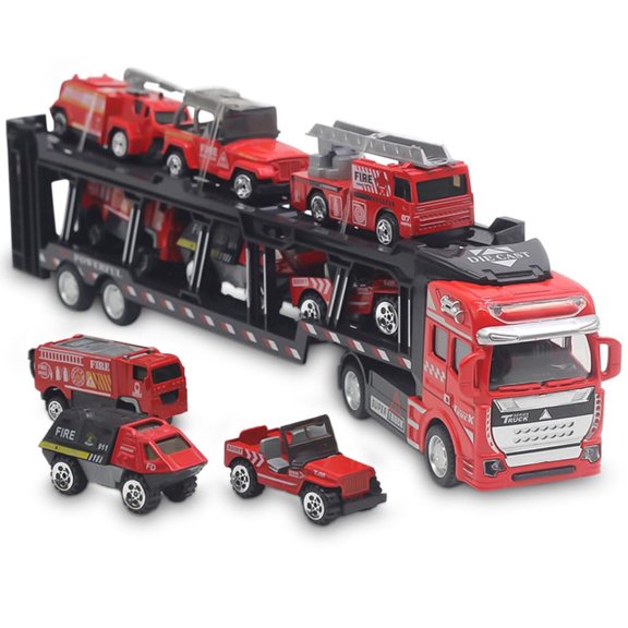 Funtogether Toys 32cm Pull-Back Car Carrier Truck Separable Fire Truck Construction Vehicle Toy for Boys Red
