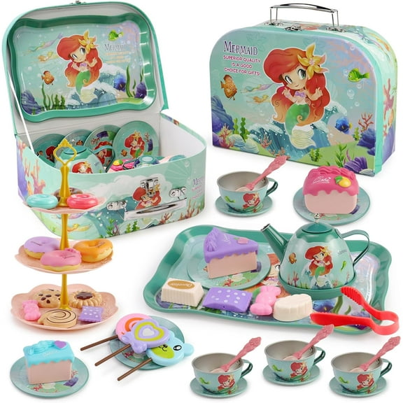 Funtogether Toys 48-Piece Mermaid Kids Tea Party Set with Carrying Case and Sweet Treats – Pretend Tin Tea Set for Girls – Princess Tea Time Playset