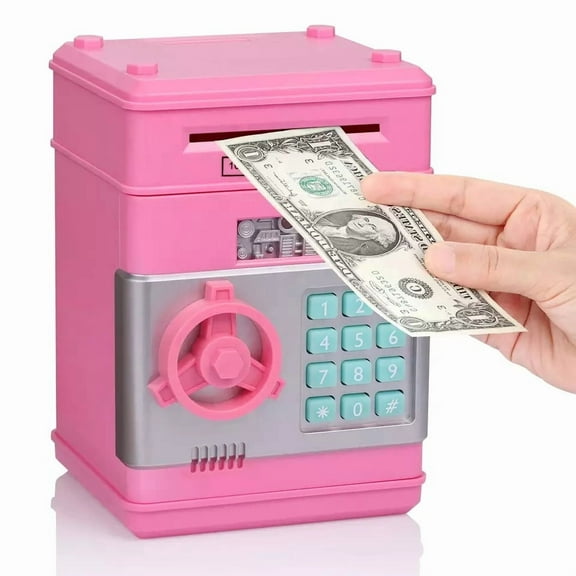 Funtogether Toys Auto-Rolling Electronic Password Piggy Bank for Kids, Mini ATM Safe Money Box with Painted Design