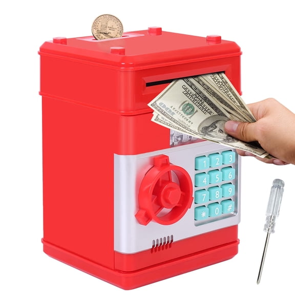 Funtogether Toys Auto-Rolling Electronic Password Piggy Bank for Kids, Mini ATM Safe Money Box with Painted Design