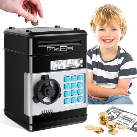 Funtogether Toys Auto-Rolling Electronic Password Piggy Bank for Kids, Mini ATM Safe Money Box with Painted Design