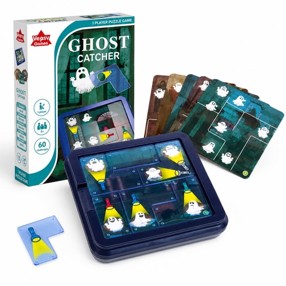 Funtogether Toys Ghost Hunter Logic Game, Brain Teaser Puzzle with 60 Challenges for Kids, Portable Travel STEM Toy for Building Problem-Solving and Spatial Skills