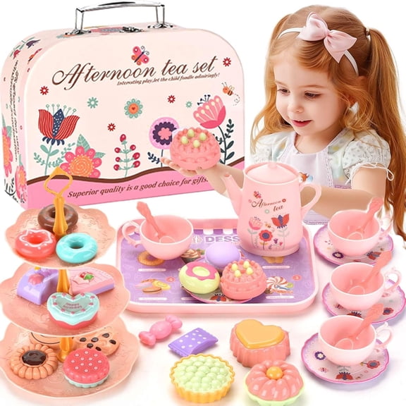 Funtogether Toys 45 Piece Princess Tea Party Set, Plastic Pretend Play Kitchen Toy with Carrying Case, Ages 3-8