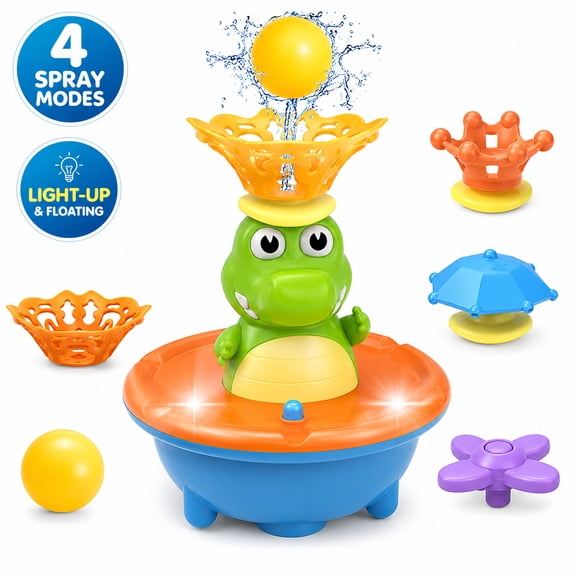 Funtogether Toys Light Up Crocodile Bath Toy, Floating Bathtub Sprinkler with 4 Spray Modes for Toddlers