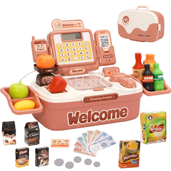 Funtogether Toys Pretend Play Supermarket Cash Register, Electronic Toy with Smart Scanner, Working Calculator, Weighing Scale, Play Money & Food Accessories for Kids